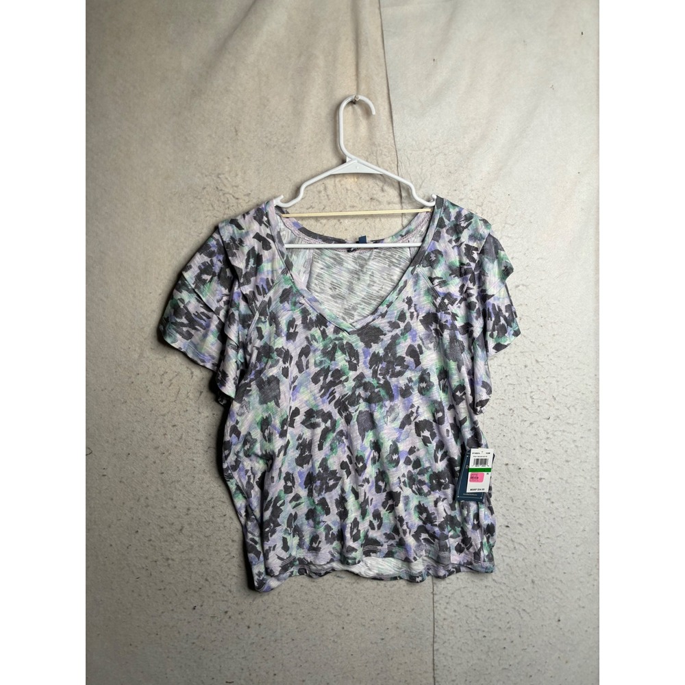 Democracy Womens Purple Green Animal Print Ruffle Sleeve V-Neck Top Large NWT